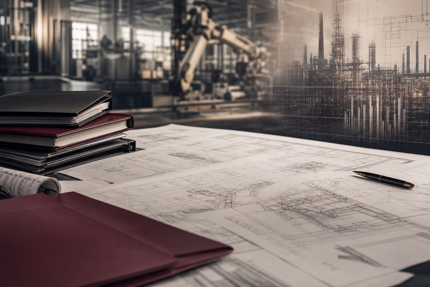 Documentos legales y planos industriales sobre una mesa de trabajo