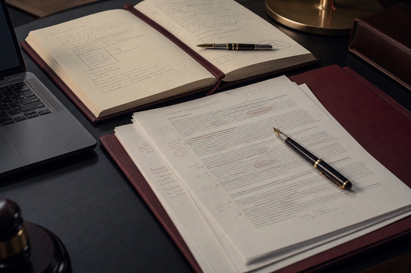 Documentos legales revisados con anotaciones sobre un escritorio ejecutivo