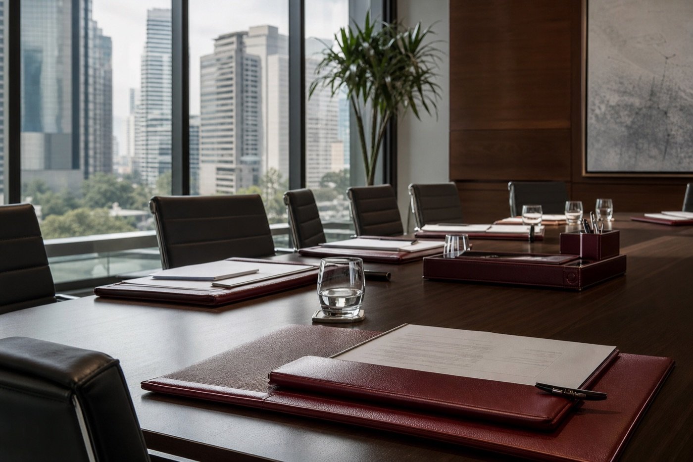 Mesa de trabajo corporativa con documentos legales y carpetas ejecutivas